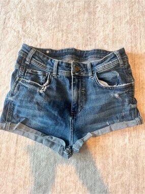 Zara Denim Roll-Cuff Distressed Women's Shorts - Blue